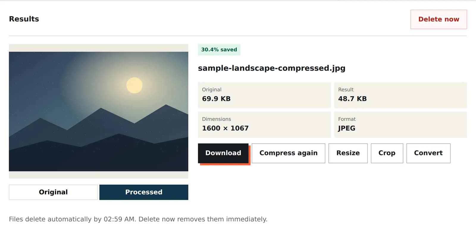 The compressimage.fun result workspace after an exact-size run on a synthetic test image: 69.9 KB reduced to 48.7 KB under a 50 KB cap with the original 1600 by 1067 dimensions kept, an original-versus-processed preview toggle, follow-on resize, crop and convert actions, a Delete now control, and a note that files delete automatically.