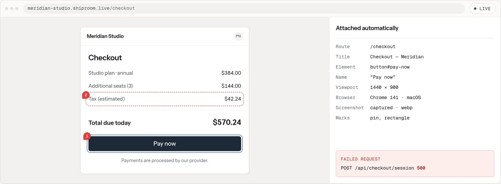 The Shiproom reviewer demonstration: a sample checkout page with two numbered reviewer marks on the “Pay now” button and the estimated tax row, beside the context Shiproom attaches automatically — route, page title, selected element, accessible name, viewport, browser, screenshot, mark types, and a failed POST request that returned 500.