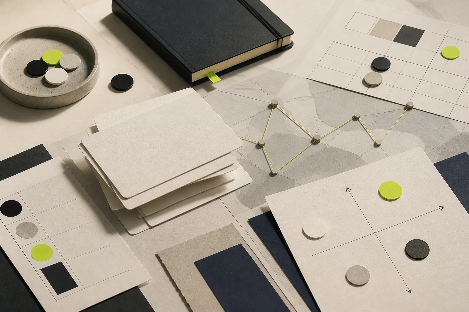 Product field notes, decision tokens, and an evaluation map arranged on a work table.