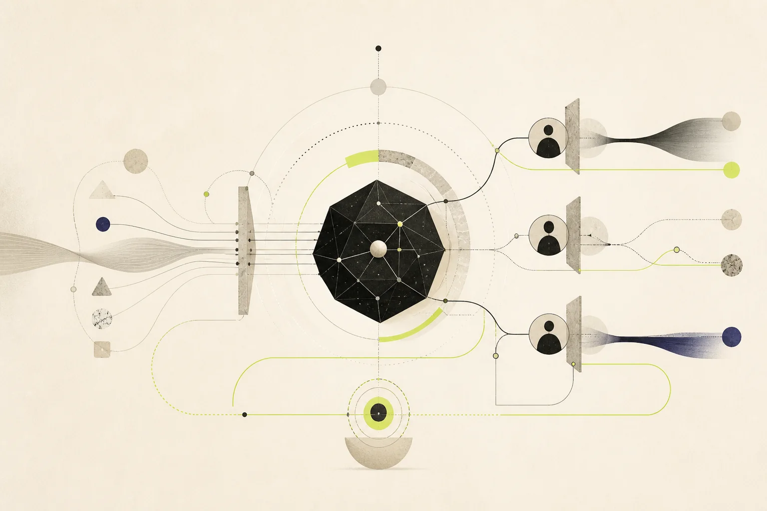 An editorial system map connecting evaluation, human handoffs, guardrails, and production learning.